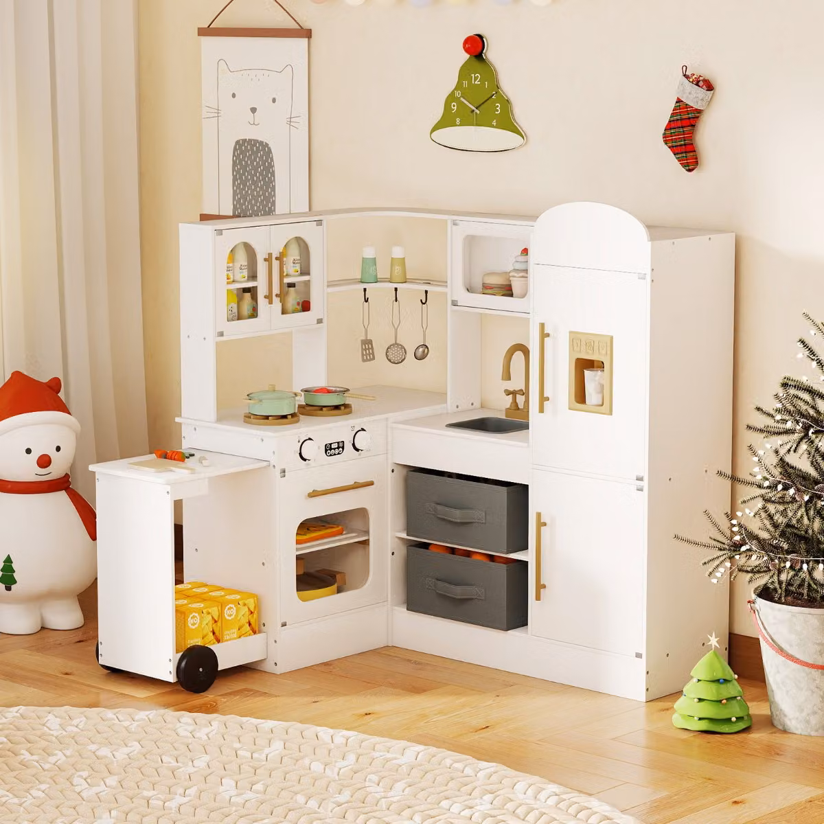 Cucina ad angolo interattiva in legno Costway con luci, suoni e lavabo, colore bianco per bambini dai 3 anni in su