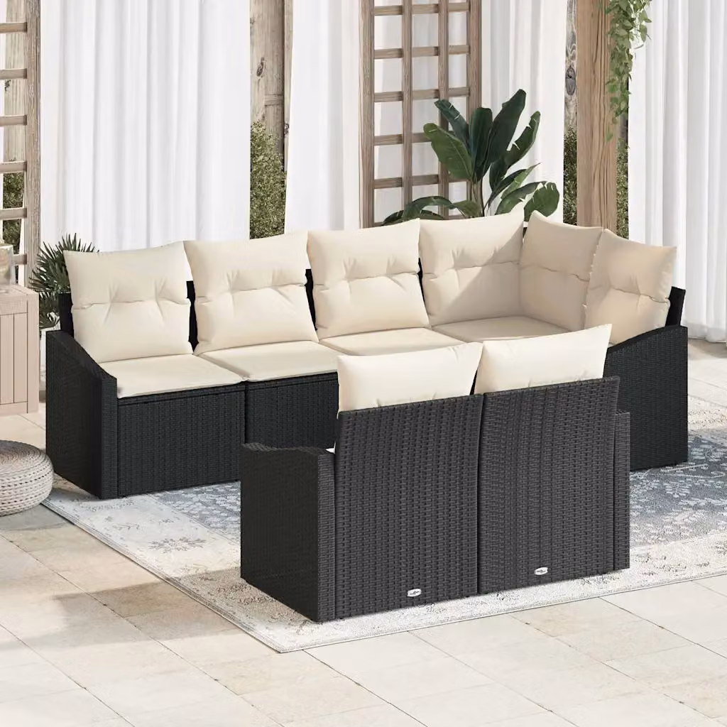 Set Divano da Giardino vidaXL 7 Pezzi in Polyrattan con Cuscini Nero e Bianco – 1