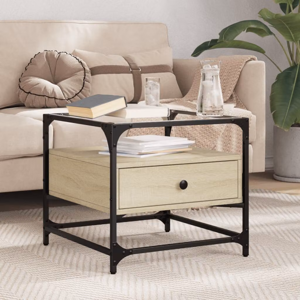 Maison Exclusive - Tavolino con piano in vetro, struttura in legno di quercia Sonoma, dimensioni 50x50x45 cm, acciaio