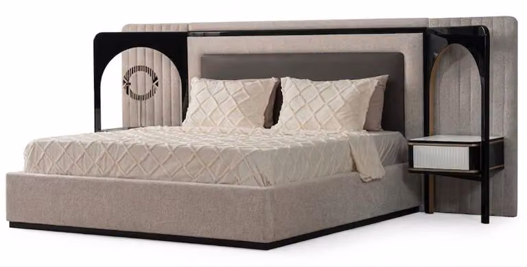Set di comodini beige per camera da letto, design moderno e confortevole