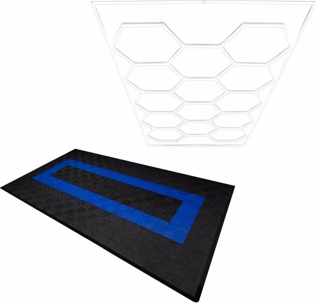 Set di Piastrelle Ventilate per Pavimento Garage con Luci LED Esagonali Monster Shop, Colore Nero e Blu