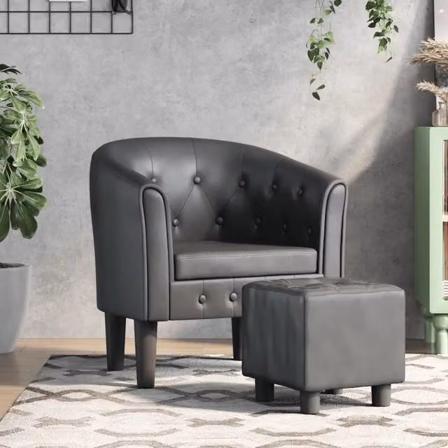 Poltrona a pozzetto con poggiapiedi in similpelle grigia design moderno 299124