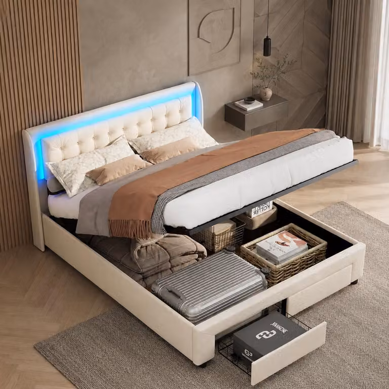 Letto imbottito INONEFT, 140x190 cm, con illuminazione LED, letto a molle con contenitore a sollevamento idraulico, letto per ragazzi con 2 cassetti, in velluto, color beige