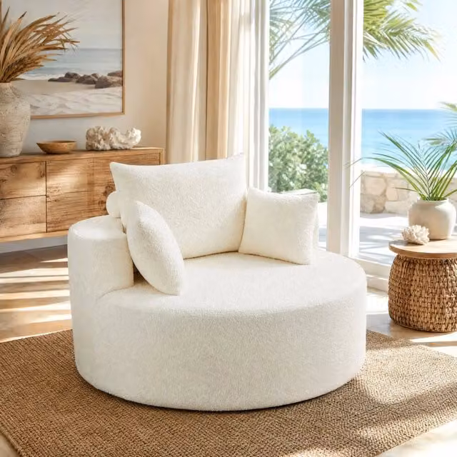 Poltrona relax modulare imbottita con cuscino cilindrico poggiatesta, senza montaggio, in ciniglia beige