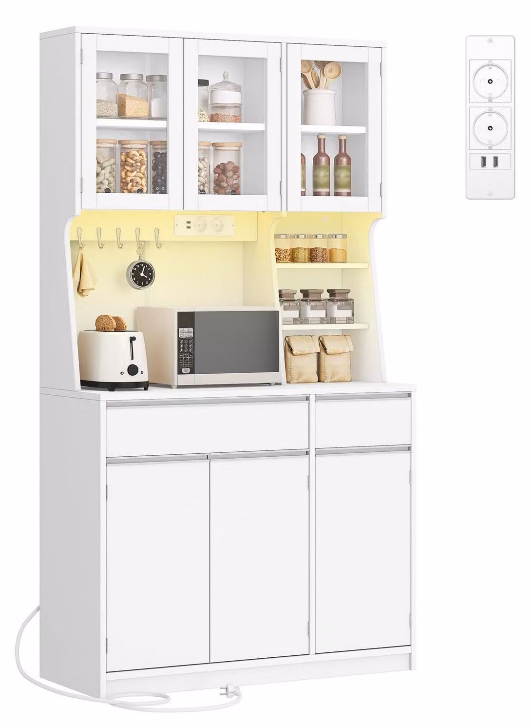 Mobiletto da cucina, credenza, cassettiera con prese elettriche, illuminazione a LED, 2 cassetti, 40x100x180 cm, bianco