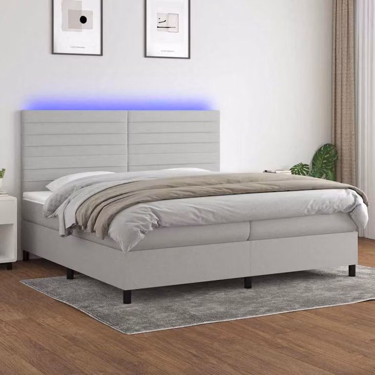 Letto a molle vidaXL con materasso e illuminazione LED, tessuto grigio chiaro, L 200 cm x P 200 cm x H 203 cm