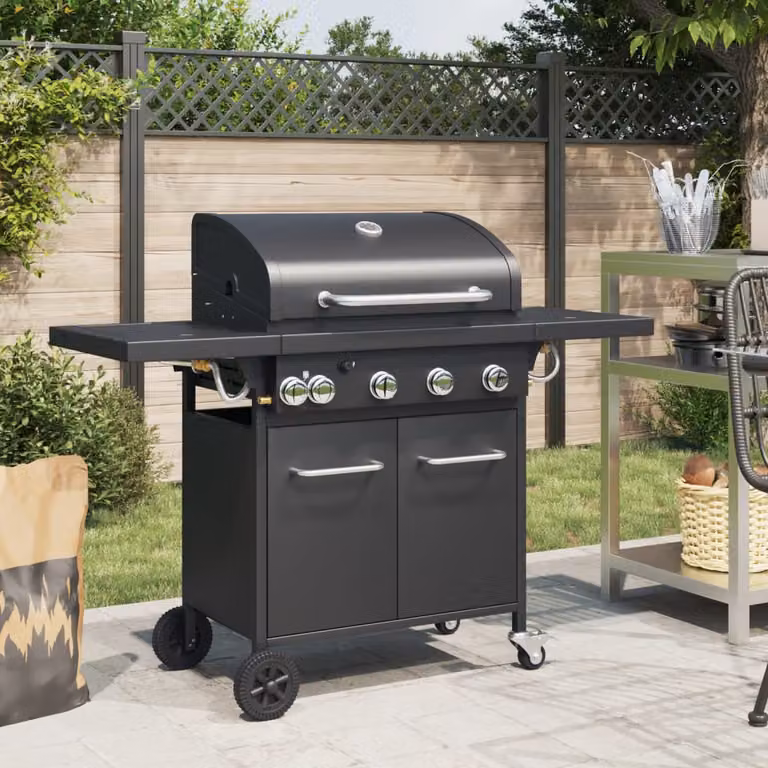 Griglia Barbecue a Gas vidaXL in Acciaio Nero con 5 Bruciatori, Termometro e Bruciatore Laterale