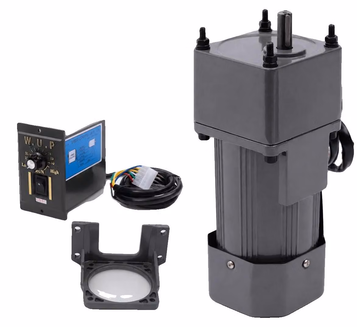 Motore a velocità variabile, tensione 220V, potenza nominale 90W, rapporto di trasmissione 20:1, dimensioni del motore 16,5 x 9 x 9 cm, dimensioni del riduttore 6,2 x 9 x 9 cm