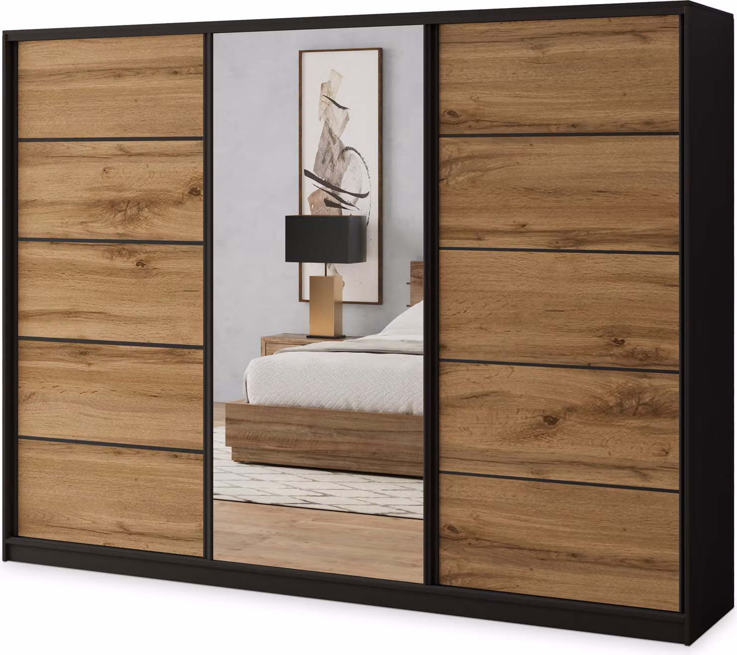 Armadio scorrevole Masseno NATA 270/205/58 cm Armadio con 4 cassetti Armadio per camera da letto a 3 ante con specchio Nero / Rovere Wotan