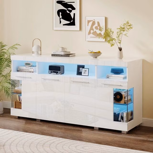Tavolino da Salotto ¨C MINIMAL ¨C Vetro Temperato, Bianco Lucido, LED, 140x40x70 cm