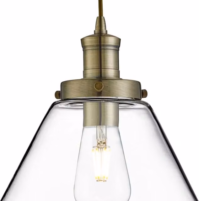 Lampada a sospensione Searchlight in ottone e vetro trasparente con design a cupola e altezza regolabile, ideale per cucina o sala da pranzo, attacco E27 – 1