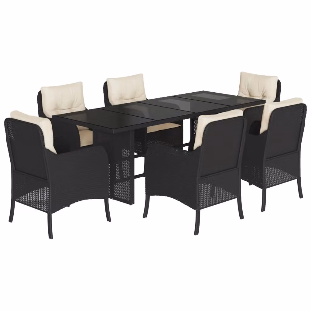 vidaXL Set da Pranzo da Giardino 7 pz in Polyrattan Nero con Cuscini e Tavolo in Vetro – 2