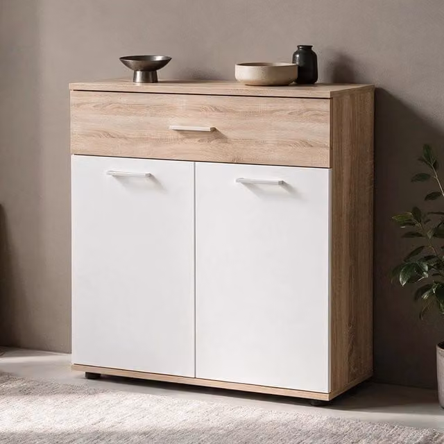 Mobile multiuso Irys con 2 ante e 1 cassetto colore bianco e rovere 80x35x84H