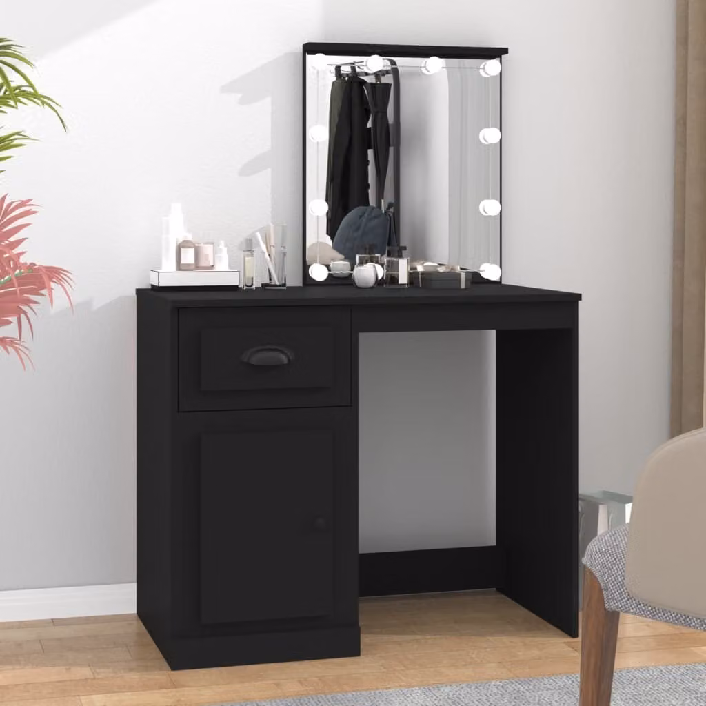 The Living Store Comodino con LED nero 90x50x132,5 cm in materiale ligneo