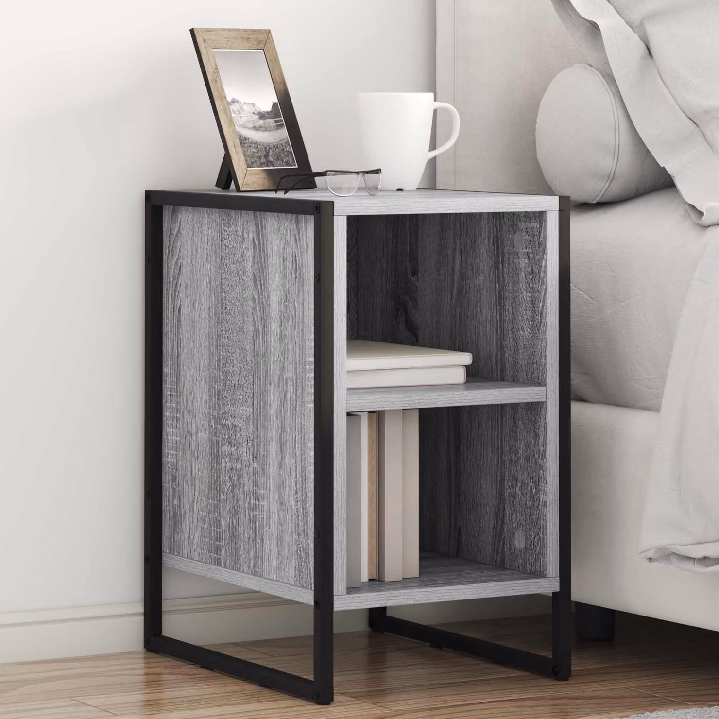 Comodino vidaXL in stile industriale grigio con finitura lucida, L: 39.5 cm, P: 30 cm, H: 50 cm