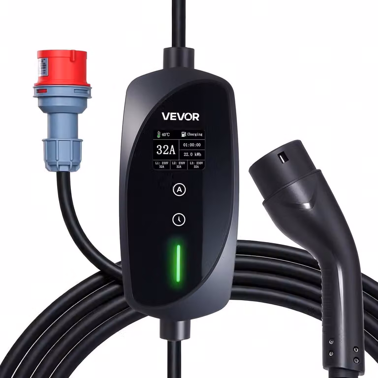 Wallbox mobile, 22 kW 32A, caricatore portatile per veicoli elettrici di tipo 2, caricatore trifase per veicoli elettrici con cavo di ricarica da 7 m, spina CEE32, schermo LCD, stazione di ricarica regolabile per veicoli elettrici, scatola di controllo IP