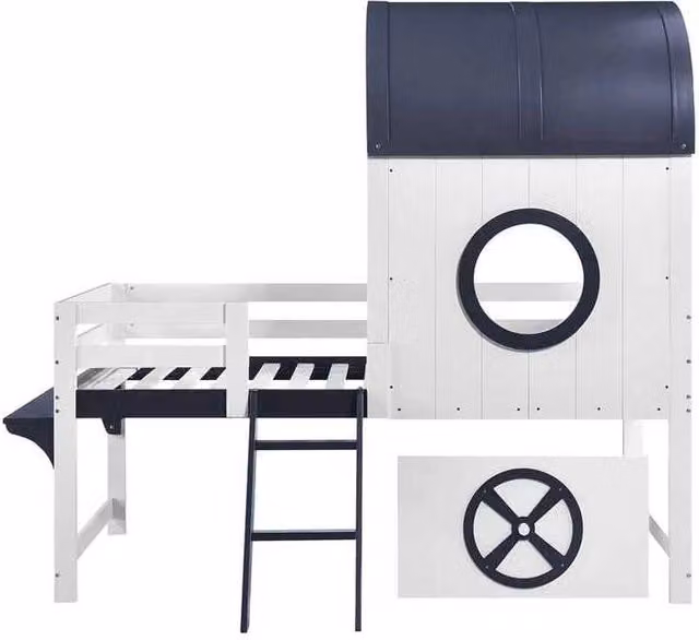 Letto a castello per bambini con tetto e finestra, cassettone inferiore su ruote, scala inclinata a due gradini, 90x200 cm, in pino, MDF e compensato, bianco e blu scuro