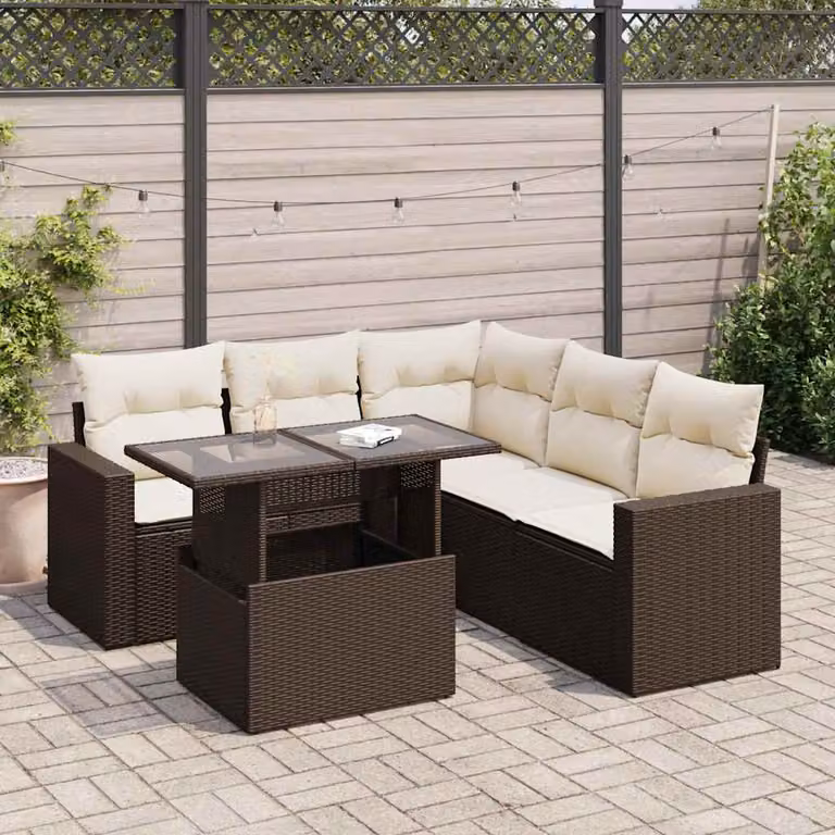 Set Divano da Giardino vidaXL 6 pz in Polyrattan Marrone con Cuscini Bianchi