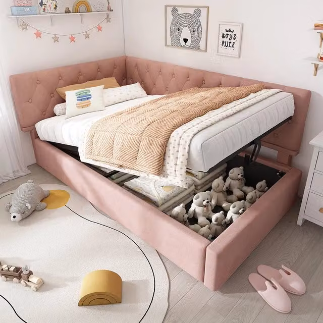 Divano letto 90x200cm - Xylo - rosa, velluto, doghe, senza rete