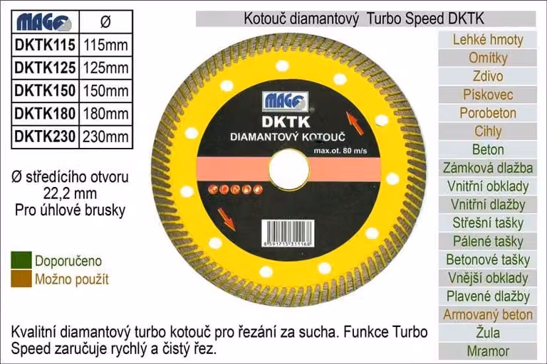 Disco diamantato turbo-speed per smerigliatrice angolare DKTK230