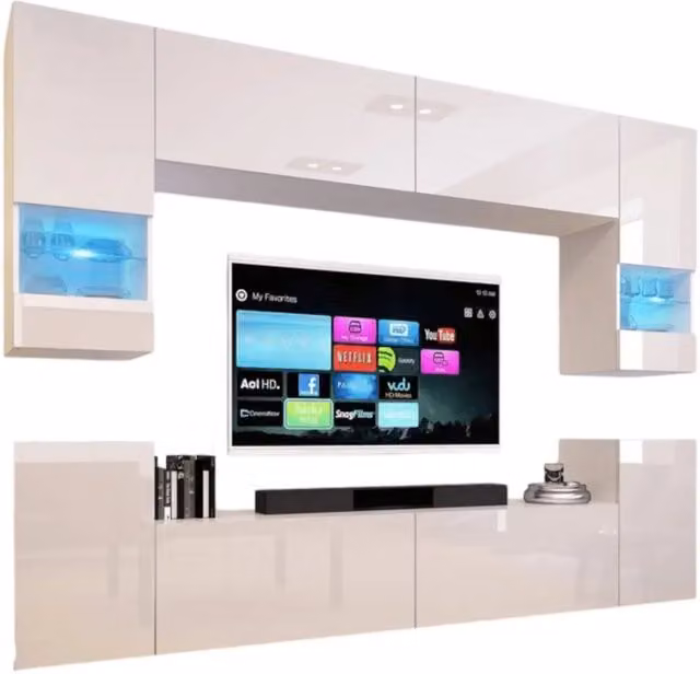 Set di mobili da soggiorno sospesi Meublorama collezione CEPTO XXVII, bianco lucido, modulare con illuminazione LED integrata, 8 pezzi, L: 240 cm