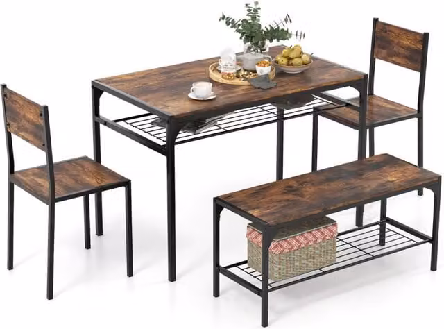 Set da pranzo 4 pezzi con telaio in metallo ripiano portaoggetti, Tavolo da pranzo con 2 sedie panca per 4 persone Marrone