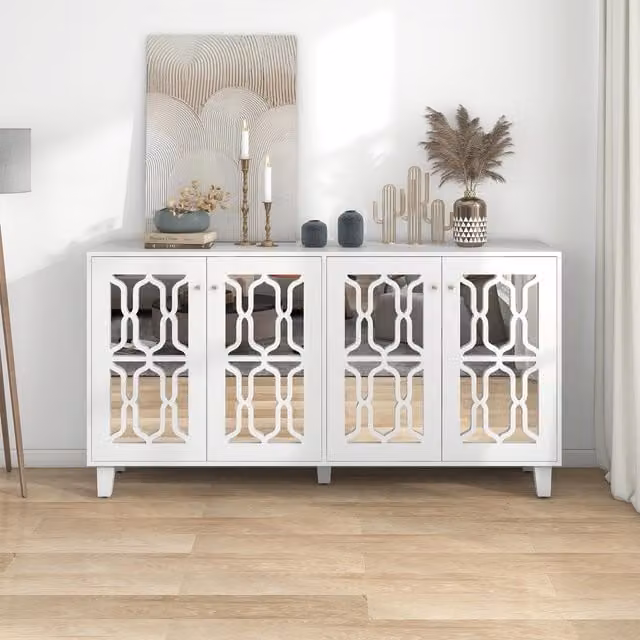 Credenza Bianca Aosom con Specchio e Design Moderno per Soggiorno e Sala da Pranzo, L: 160 cm, H: 84 cm, P: 40 cm