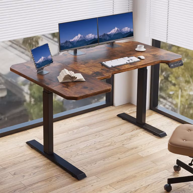 Hilodesk 150cm l-desk scrivania elettrica ad angolo regolabile in altezza, con due motori, scrivania a l in piedi, marrone rustico