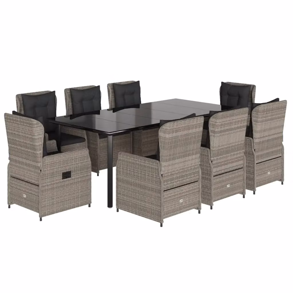 Set Pranzo da Giardino vidaXL in Polyrattan con Tavolo in Vetro e 9 Sedute con Cuscini Grigio e Nero – 2