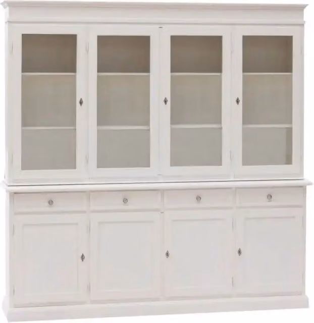 Cristalliera Shopinnovativo in stile arte povera con 8 ante e 4 cassetti, realizzata in legno massello e MDF con finitura bianca, H 205 x L 205 x P 42 cm