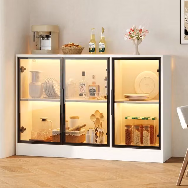 Vetrina in vetro con LED 120 x 30 x 73 cm; ante grigie; pannello di particelle bianco