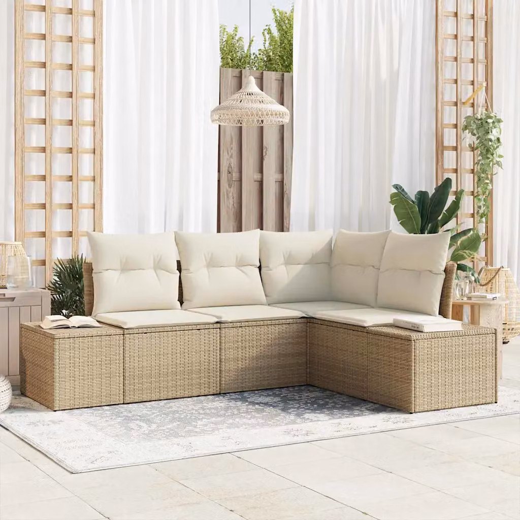 Set Divano da Giardino a L vidaXL 4 pz Beige con Cuscini e Struttura in Metallo e Polyrattan