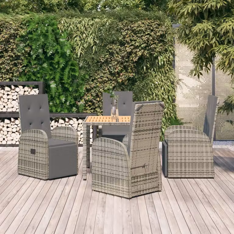 Set da pranzo da giardino vidaXL in polyrattan e legno di acacia grigio con 5 pezzi e cuscini