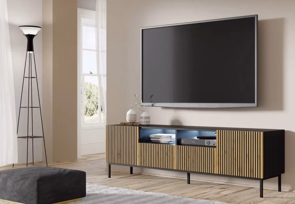 Mobile porta TV Ravenna Bim Furniture in MDF e metallo, finitura rovere artigianale e nero opaco, design moderno con 2 ante e 2 cassetti – 2