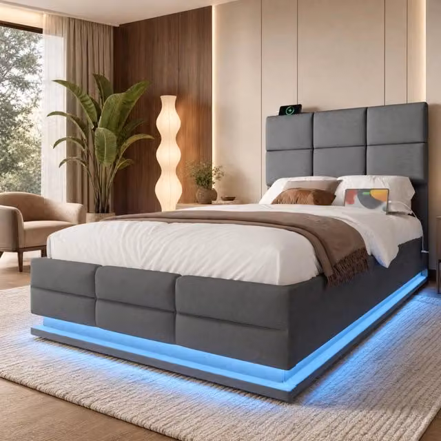Letto 90x200 cm in velluto grigio scuro con LED; porte USB; contenitore e testiera regolabile