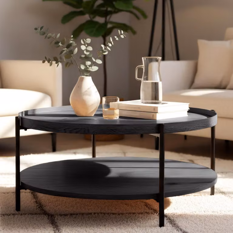 Tavolino Corbitan - Tavolino rotondo a 2 ripiani | Colore: Grigio | Dimensioni: 80x80x40 cm