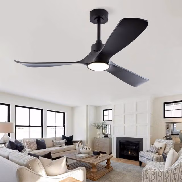 Ventilatore da soffitto moderno nero con luce e telecomando, motore DC reversibile e 3 temperature, ideale per interni ed esterni come camere, soggiorni o terrazzi