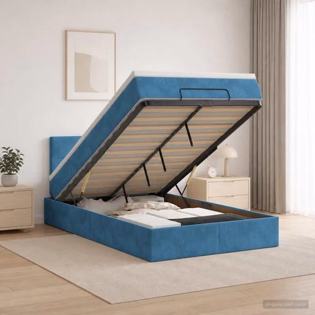 Letto ottomano con contenitore a sollevamento vidaXL in velluto blu e bianco L/P/H: 120 x 200 cm