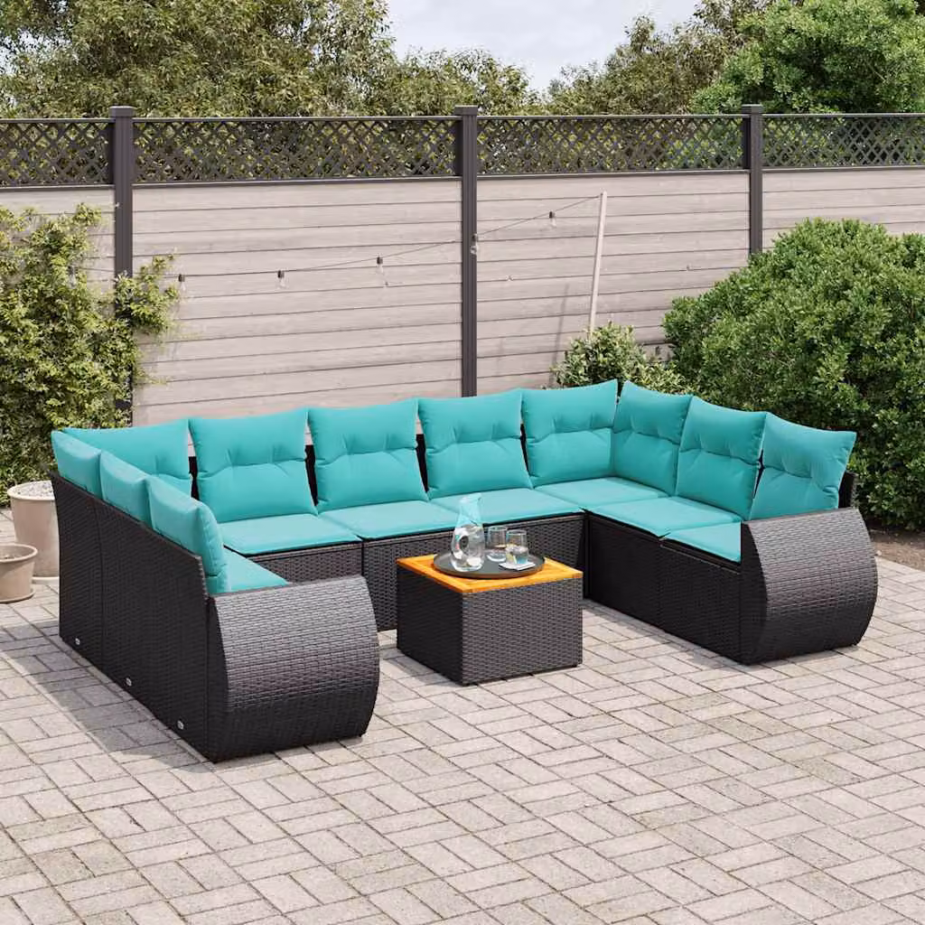 Set di divani da giardino vidaXL in polyrattan nero con cuscini e tavolino da esterno a forma di U