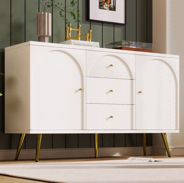 Credenza crema con 2 ante, 3 cassetti e ripiano regolabile, 140 x 40 x 84 cm