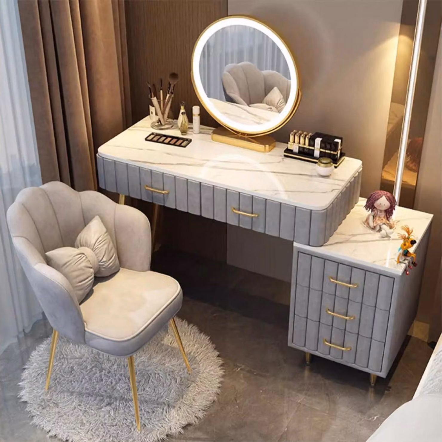 Set da trucco con sgabello, tavolino da trucco con specchio, 5 cassetti, colore grigio, 80 cm