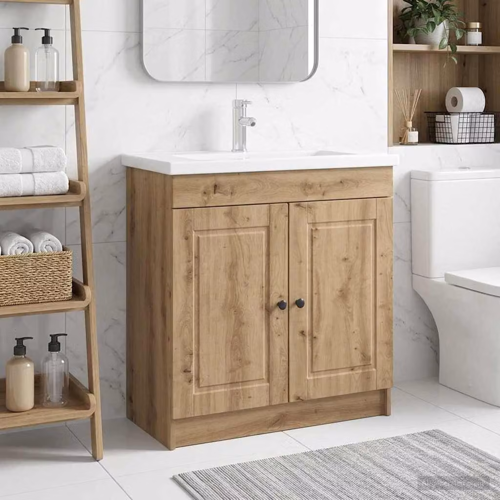 Mobiletto da bagno sotto il lavello vidaXL in legno e metallo marrone con ante a battente e ripiani interni, L: 81,0 cm, P: 37,5 cm, H: 78,5 cm