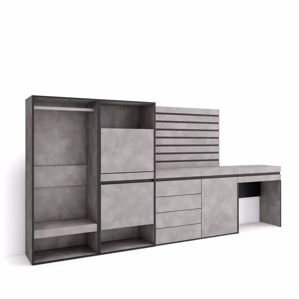 Armadio Aperto e Scarpiera Skraut Home con Cassettiera e Pannelli Decorativi, Grigio Cemento e Nero, L/P/H: 297 x 35 x 145 cm – 2
