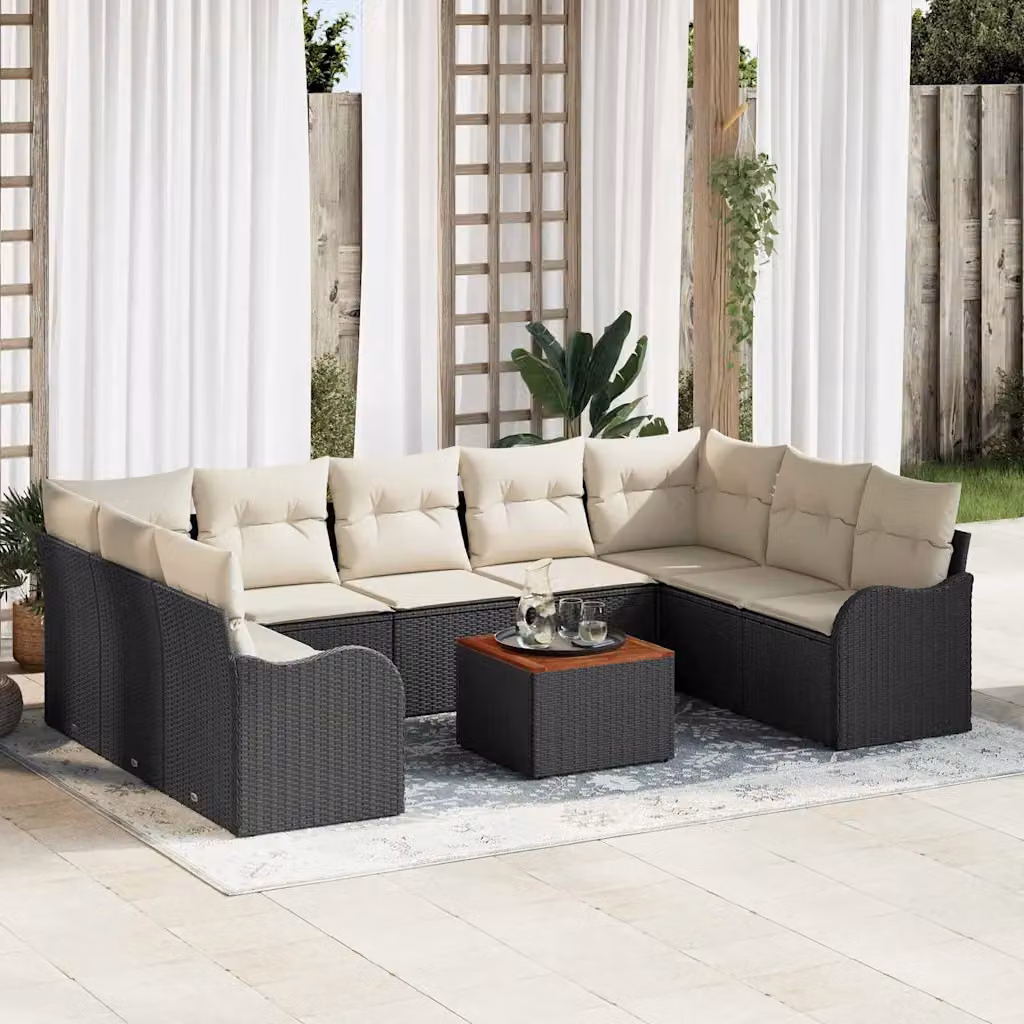 Set Divano da Giardino Moderno vidaXL 10 Pezzi Nero con Cuscini e Tavolino in Metallo e Polyrattan – 1