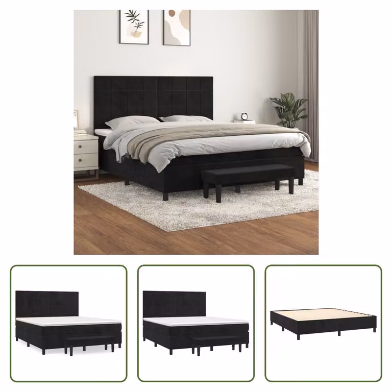 The Living Store Letto a molle con materasso nero 180x200 cm in velluto