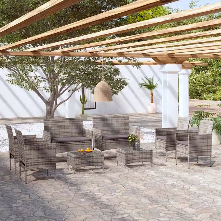 Set di divani da giardino vidaXL in polyrattan grigio con cuscini, 8 pezzi