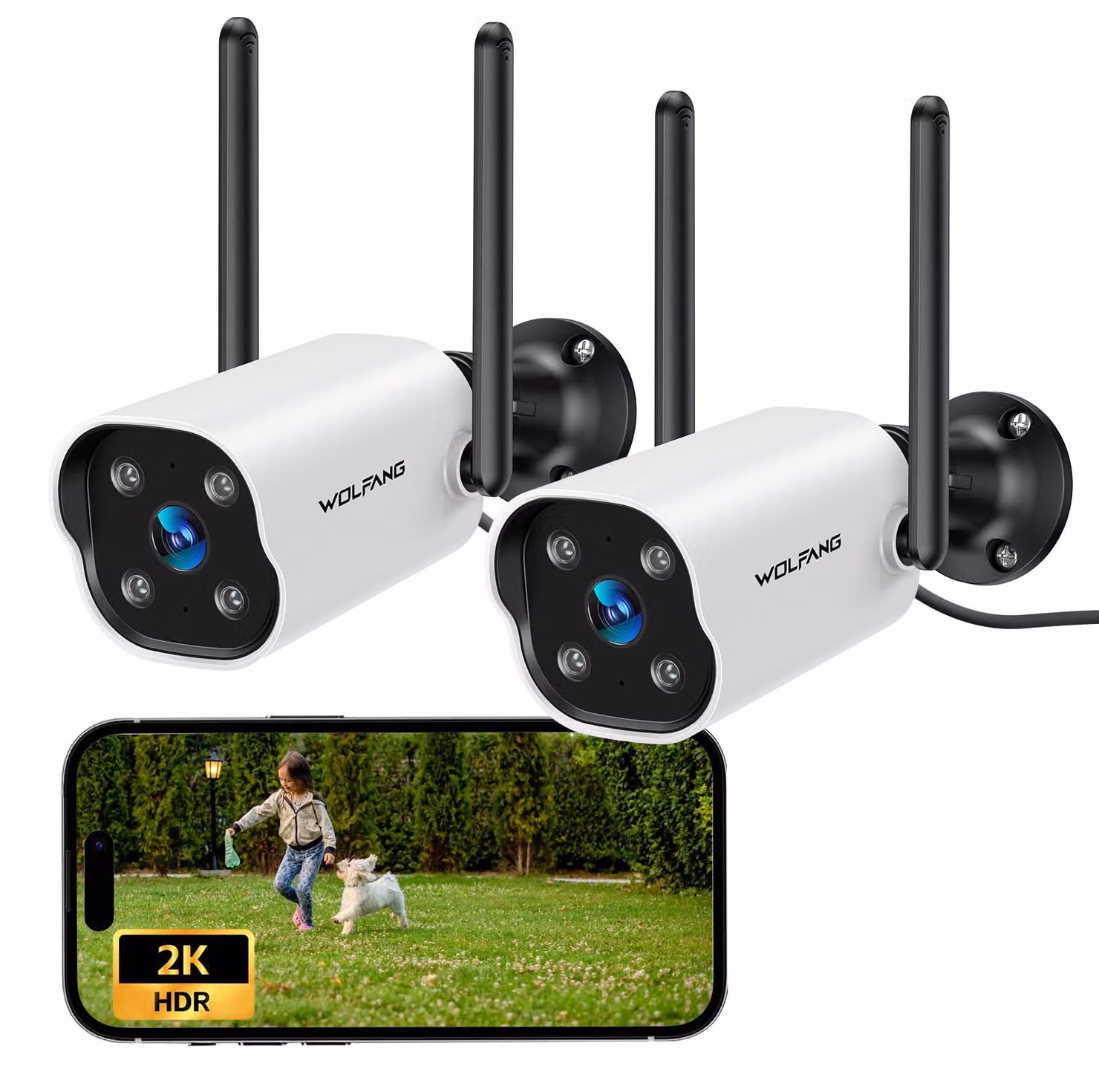 WOLFANG, telecamera di sorveglianza esterna 2K 3MP, telecamera Wi-Fi resistente alle intemperie con lunga durata della batteria