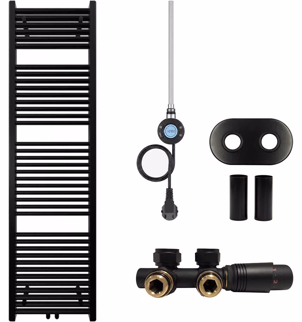 Kit radiatore per bagno Lincoln - sistema di riscaldamento combinato, antenna Wi-Fi - attacco centrale da 50 mm - 300W - nero opaco - 1800x500 mm