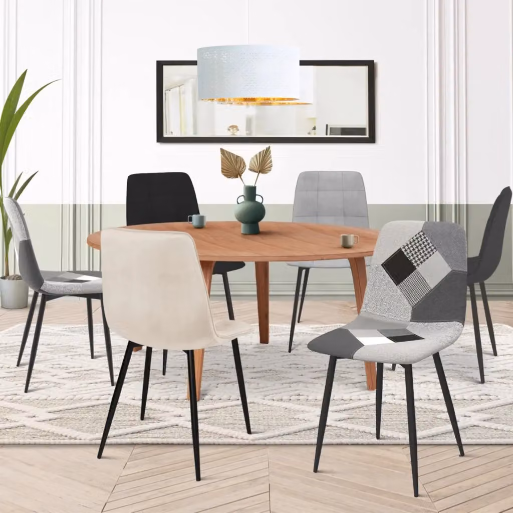 Set di 6 sedie MILA IDMarket in velluto per sala da pranzo e cucina, colori grigio scuro, grigio chiaro, beige, nero e patchwork multicolore – 2