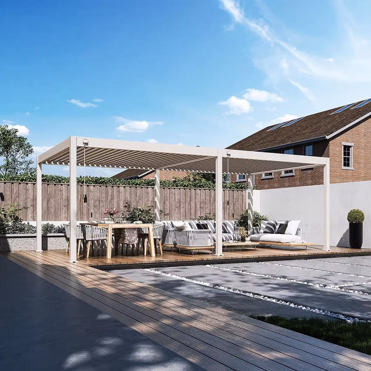 Pergola Weide Deluxe interamente in alluminio 3,6x7,2 m con tetto a lamelle, modello indipendente, colore Ivory Sand